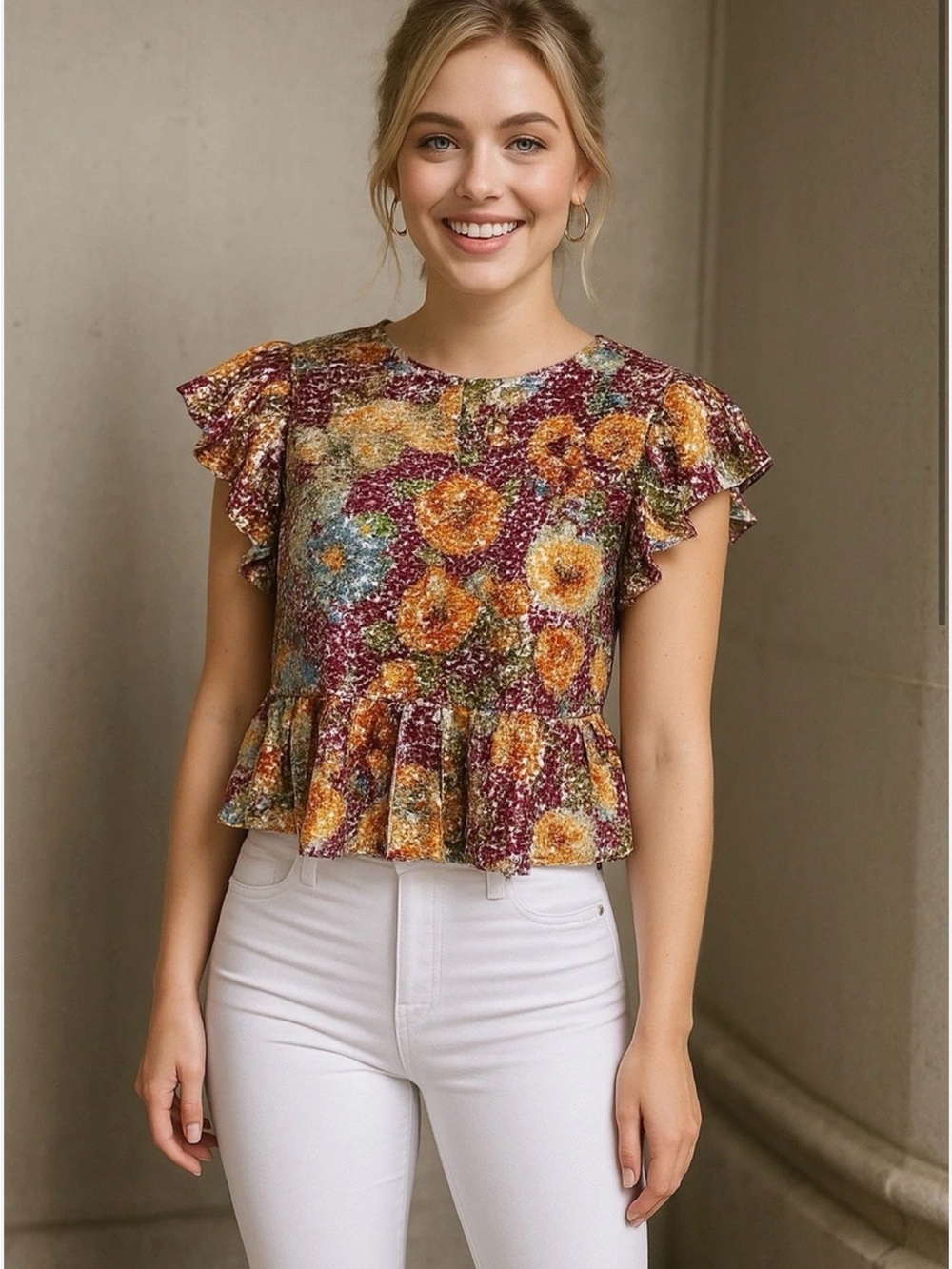 Aqua Floral Puff Sleeve Ruffle Hem Top — Orange, Pink & Blue